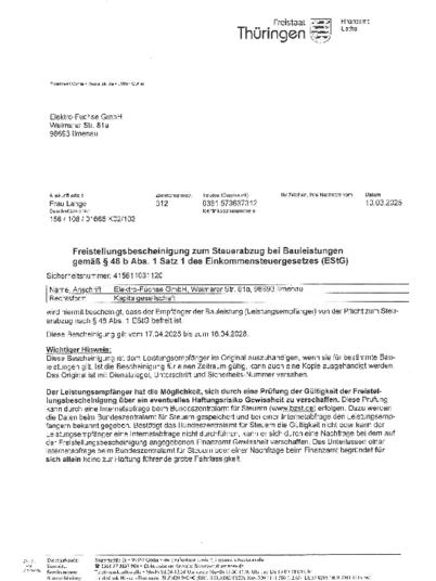 Freistellungsbescheinigung bei Elektro-Füchse GmbH in Ilmenau